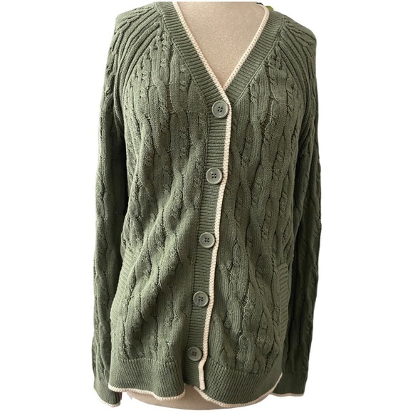SPIRITUAL GANGSTER COTTON LUCIA OVERSIZED 100% COTTON CARDIGAN IN OLIVE W/CREAM - Picture 3 of 8